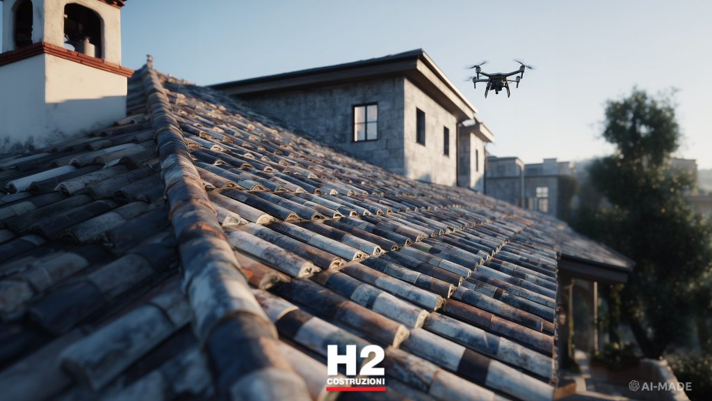 Ispezione del tetto dopo temporale con drone professionale
